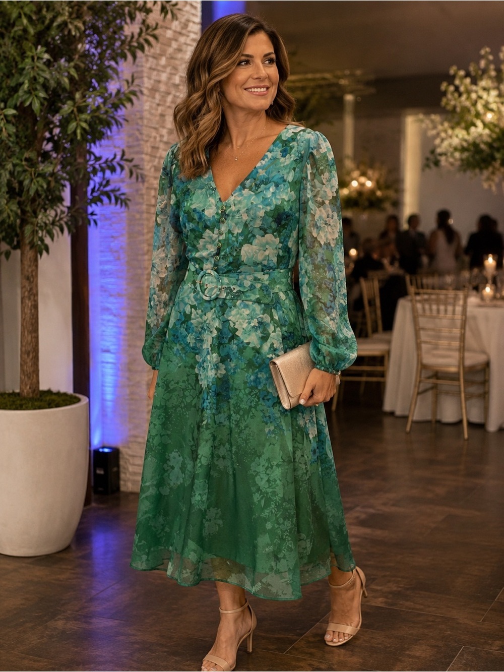 Tahari ASL 24W Plus Green Floral Chiffon Midi Dress Belted Sheer Balloon Sleeves